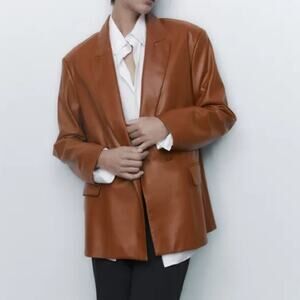 Zara double breasted tan faux leather blazer jacket size medium